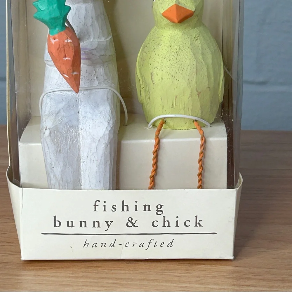 Pier One Fishing White Bunny Carrot & Yellow Chick Easter Spring Figurines